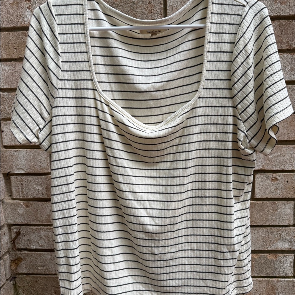 Madewell Cream Tee with Thin Black Stripes